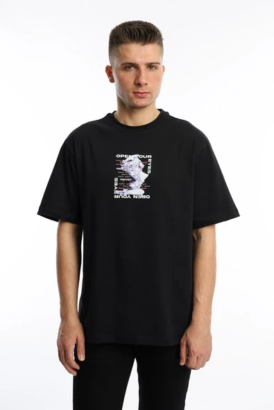 Erkek Oversize Fit Open Your Eyes Baskılı Tişört Siyah - 2