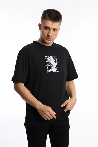Erkek Oversize Fit Open Your Eyes Baskılı Tişört Siyah - 3
