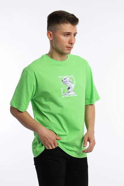 Erkek Oversize Fit Open Your Eyes Baskılı Tişört Yeşil - 2