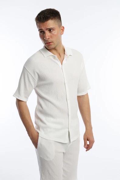 Erkek Crinkle Kumaş Regular Fit Gömlek Beyaz - 2