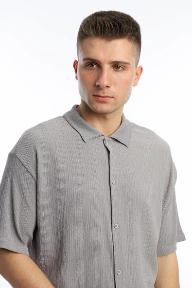 Erkek Crinkle Kumaş Regular Fit Gömlek Gri - 3