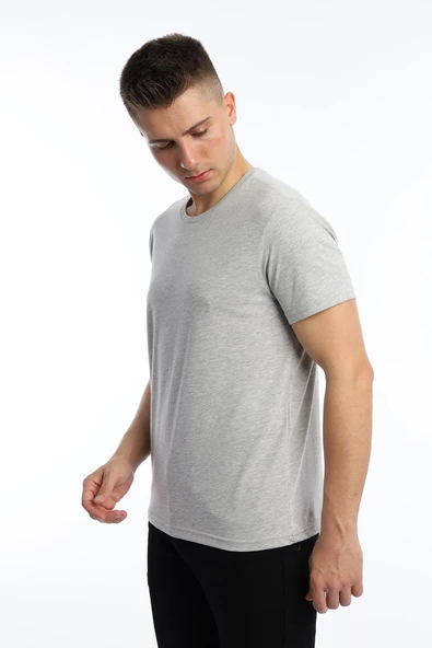 Erkek Bisiklet Yaka Regular Fit Basic Tişört Gri Melanj - Resim 2