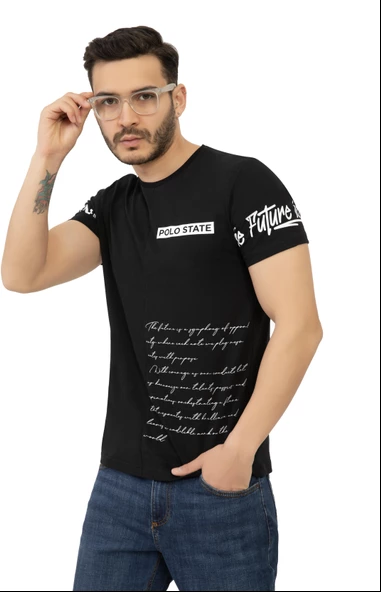 Erkek Ön Arka Baskılı Regular Tişört Siyah - Resim 2