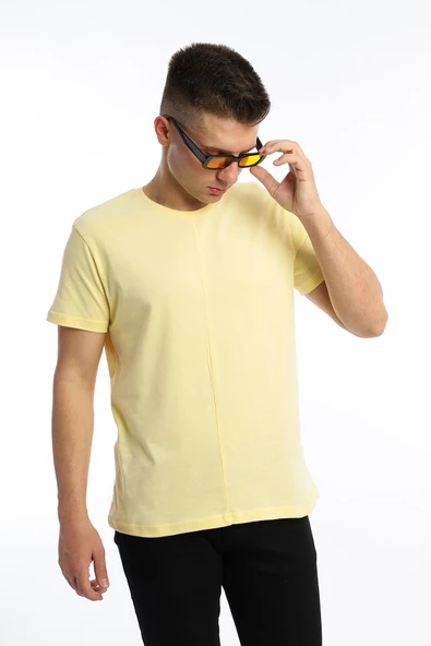 Erkek Bisiklet Yaka Regular Fit Carbon Fırçalı Tişört Sarı - Resim 2