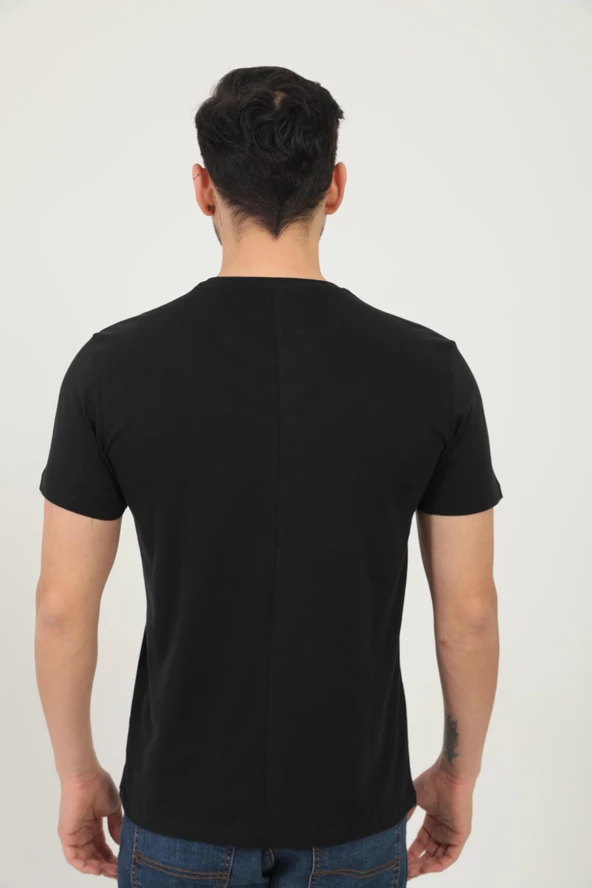 Erkek Bisiklet Yaka Regular Fit Carbon Fırçalı Tişört Siyah - 3