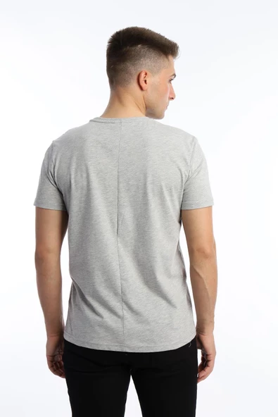 Erkek Bisiklet Yaka Regular Fit Basic Tişört Gri Melanj - Resim 3