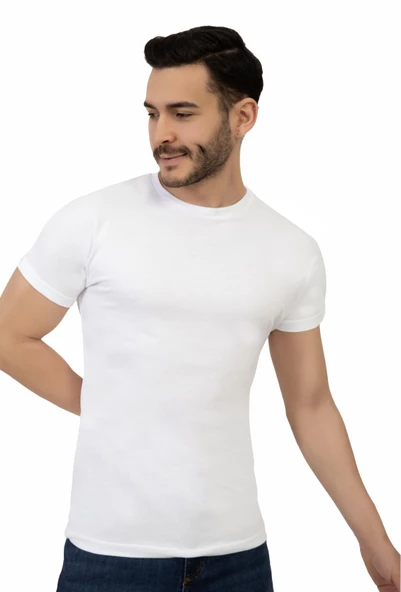 Erkek Bisiklet Yaka Regular Fit Basic Tişört Beyaz - Resim 2