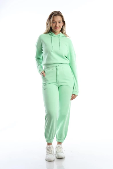 Kadın 3 İplik Şardonlu Paça Lastikli Eşofman Altı Açık Yeşil - Resim 10