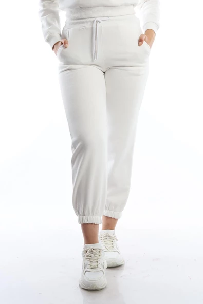 Kadın 3 İplik Şardonlu Paça Lastikli Eşofman Altı Ekru - Resim 6