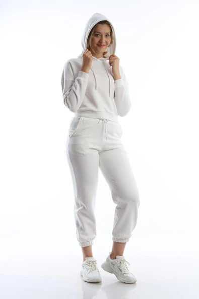 Kadın 3 İplik Şardonlu Paça Lastikli Eşofman Altı Ekru - Resim 9