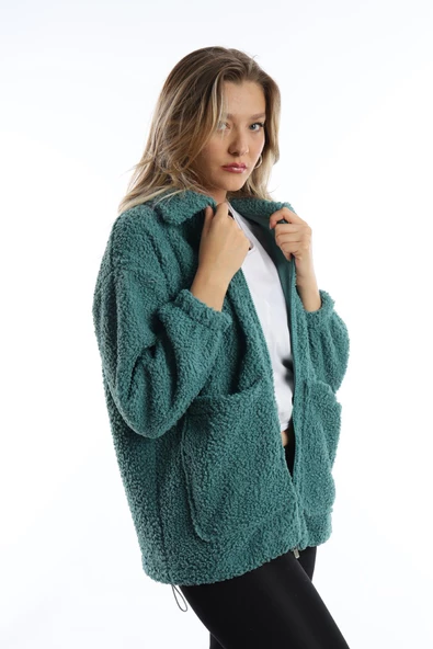 Kadın Fermuarlı Stoper Detaylı Kıvırcık Peluş Ceket Petrol - Resim 12