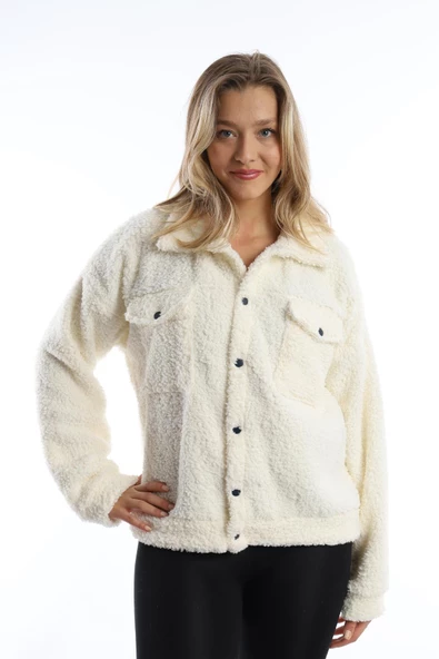 Kadın Çıt Çıt Kapamalı Kıvırcık Peluş Ceket  Ekru - Resim 6