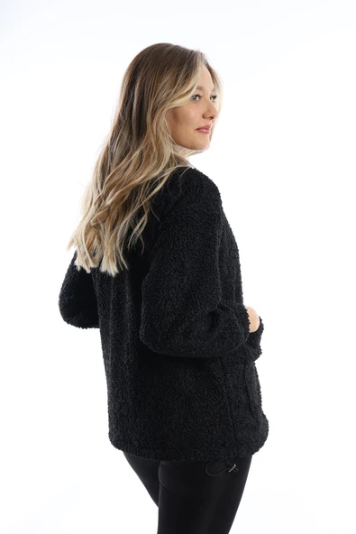 Kadın Fermuarlı Stoper Detaylı Kıvırcık Peluş Ceket Siyah - Resim 5