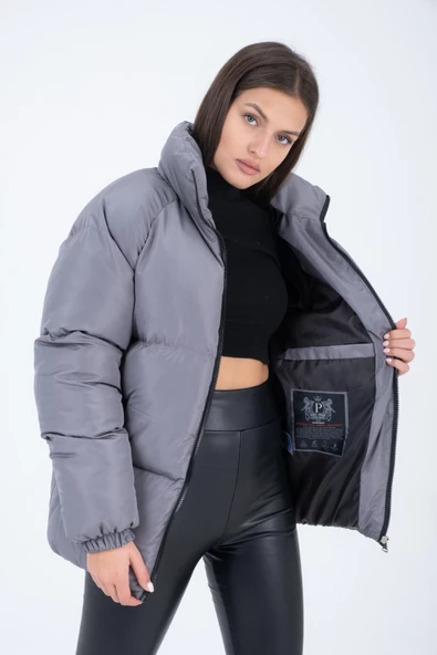 Kadın Reglan Kol Dik Yaka Age Of State Baskılı Mont Füme - Resim 8