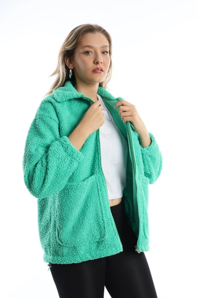 Kadın Fermuarlı Stoper Detaylı Kıvırcık Peluş Ceket Yeşil - Resim 2