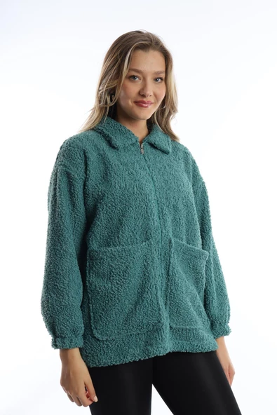 Kadın Fermuarlı Stoper Detaylı Kıvırcık Peluş Ceket Petrol - Resim 11