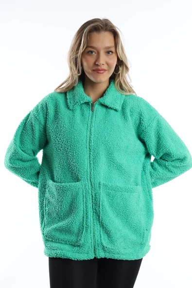 Kadın Fermuarlı Stoper Detaylı Kıvırcık Peluş Ceket Yeşil - Resim 6