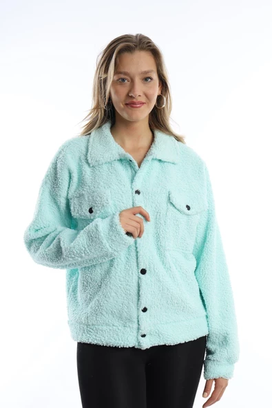 Kadın Çıt Çıt Kapamalı Kıvırcık Peluş Ceket  Mint - Resim 11