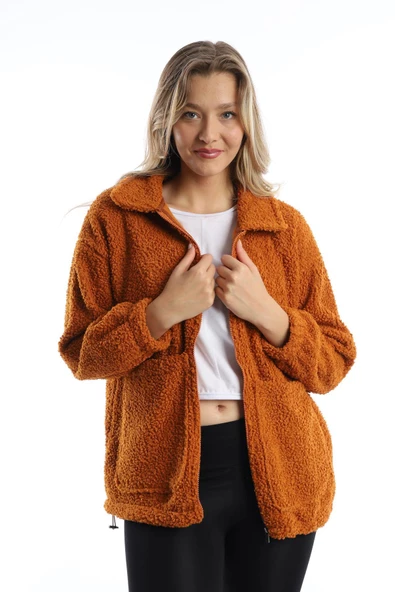 Kadın Fermuarlı Stoper Detaylı Kıvırcık Peluş Ceket Tarçın - Resim 12