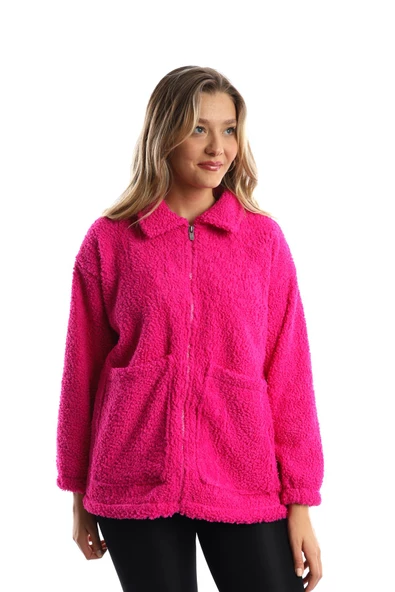 Kadın Fermuarlı Stoper Detaylı Kıvırcık Peluş Ceket Fuşya - Resim 11