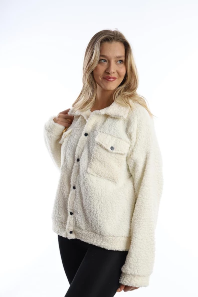 Kadın Çıt Çıt Kapamalı Kıvırcık Peluş Ceket  Ekru - Resim 5