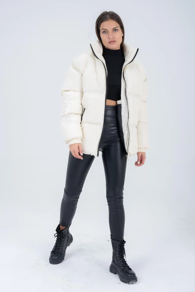 Kadın Reglan Kol Dik Yaka Age Of State Baskılı Mont Ekru - Resim 12