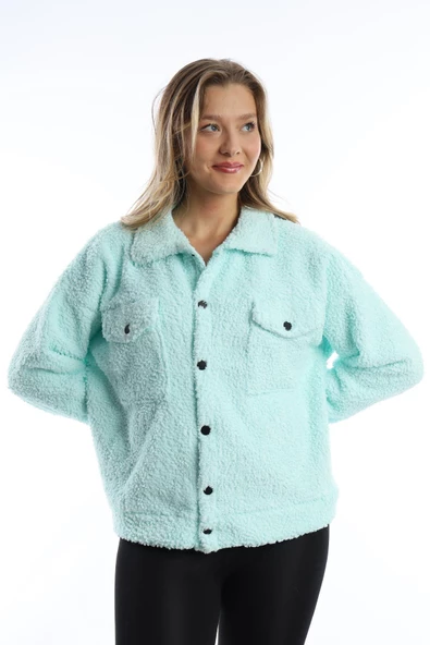 Kadın Çıt Çıt Kapamalı Kıvırcık Peluş Ceket  Mint - Resim 3