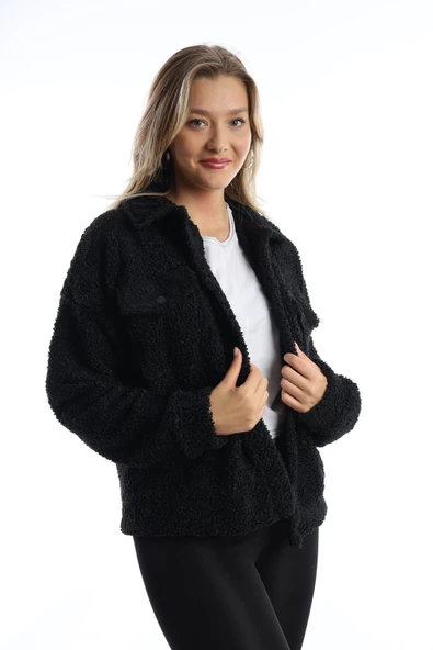 Kadın Çıt Çıt Kapamalı Kıvırcık Peluş Ceket  Siyah - Resim 12
