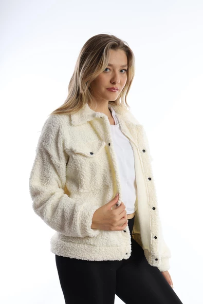 Kadın Çıt Çıt Kapamalı Kıvırcık Peluş Ceket  Ekru - Resim 7