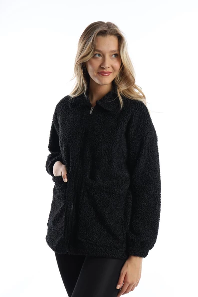 Kadın Fermuarlı Stoper Detaylı Kıvırcık Peluş Ceket Siyah - Resim 3