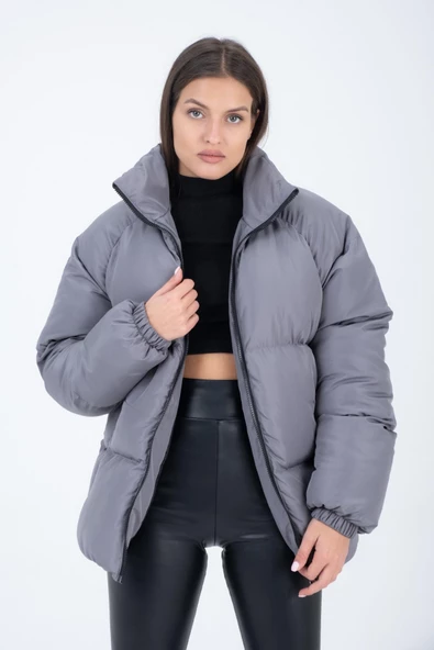 Kadın Reglan Kol Dik Yaka Age Of State Baskılı Mont Füme - Resim 6