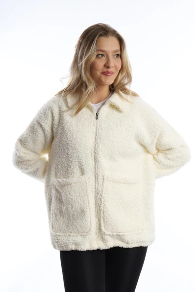 Kadın Fermuarlı Stoper Detaylı Kıvırcık Peluş Ceket  Ekru - Resim 12