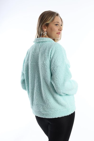 Kadın Çıt Çıt Kapamalı Kıvırcık Peluş Ceket  Mint - Resim 10