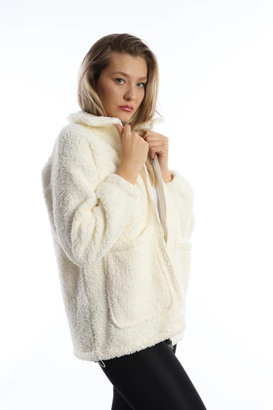 Kadın Fermuarlı Stoper Detaylı Kıvırcık Peluş Ceket  Ekru - Resim 3