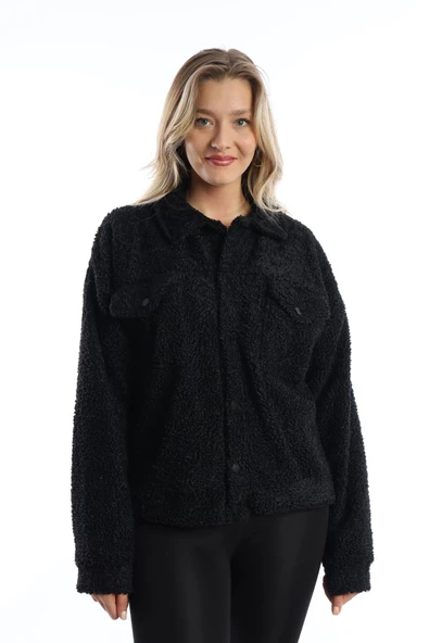 Kadın Çıt Çıt Kapamalı Kıvırcık Peluş Ceket  Siyah - Resim 8