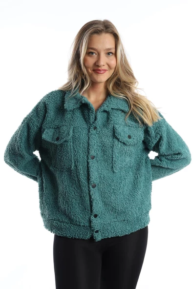 Kadın Çıt Çıt Kapamalı Kıvırcık Peluş Ceket  Petrol - Resim 9