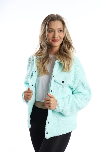 Kadın Çıt Çıt Kapamalı Kıvırcık Peluş Ceket  Mint - Resim 2
