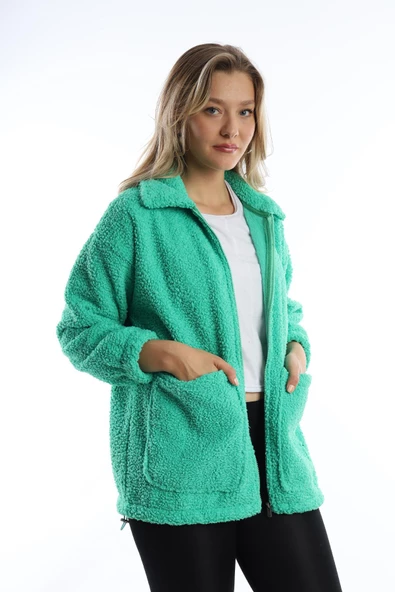 Kadın Fermuarlı Stoper Detaylı Kıvırcık Peluş Ceket Yeşil - Resim 9
