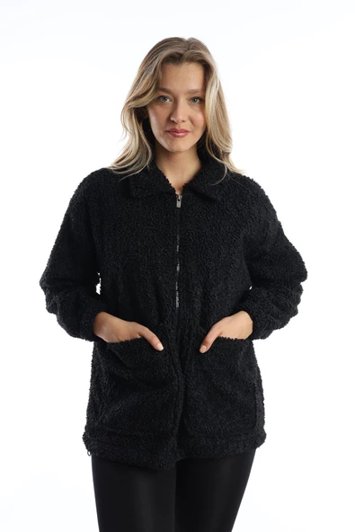 Kadın Fermuarlı Stoper Detaylı Kıvırcık Peluş Ceket Siyah - Resim 11