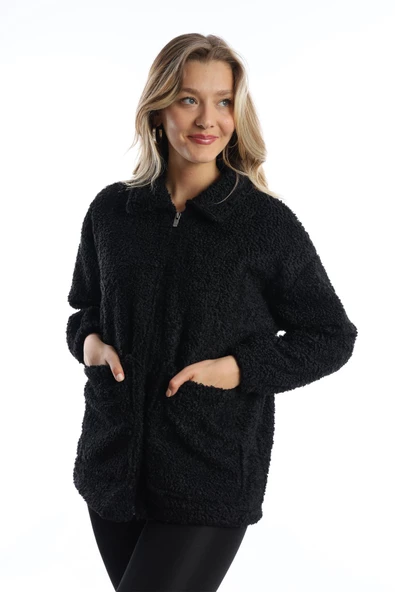 Kadın Fermuarlı Stoper Detaylı Kıvırcık Peluş Ceket Siyah - Resim 4