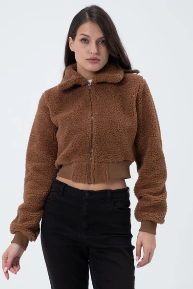 Kadın Fermuarlı Kısa Polar Ceket & Mont Kahverengi - 6