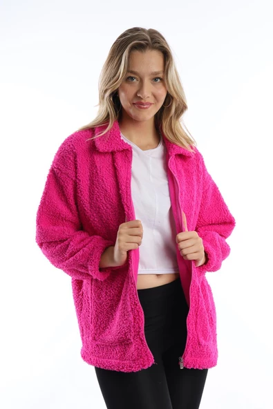 Kadın Fermuarlı Stoper Detaylı Kıvırcık Peluş Ceket Fuşya - Resim 7