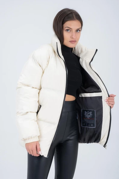 Kadın Reglan Kol Dik Yaka Age Of State Baskılı Mont Ekru - Resim 8