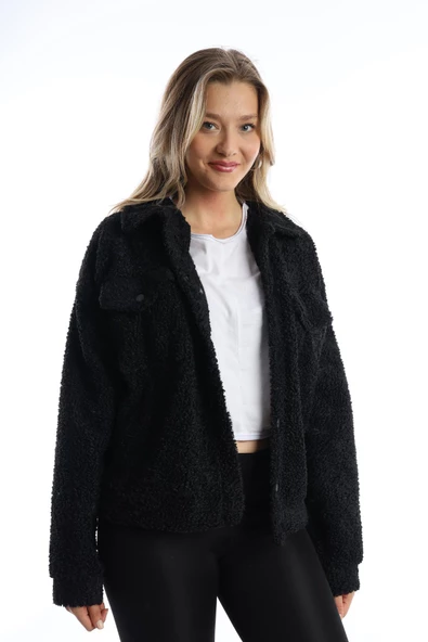 Kadın Çıt Çıt Kapamalı Kıvırcık Peluş Ceket  Siyah - Resim 9