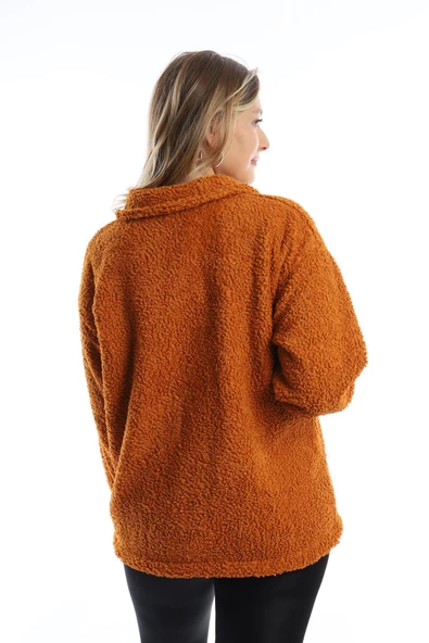 Kadın Fermuarlı Stoper Detaylı Kıvırcık Peluş Ceket Tarçın - Resim 5