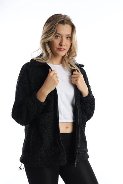 Kadın Fermuarlı Stoper Detaylı Kıvırcık Peluş Ceket Siyah - Resim 12