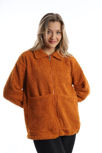 Kadın Fermuarlı Stoper Detaylı Kıvırcık Peluş Ceket Tarçın - Resim 3