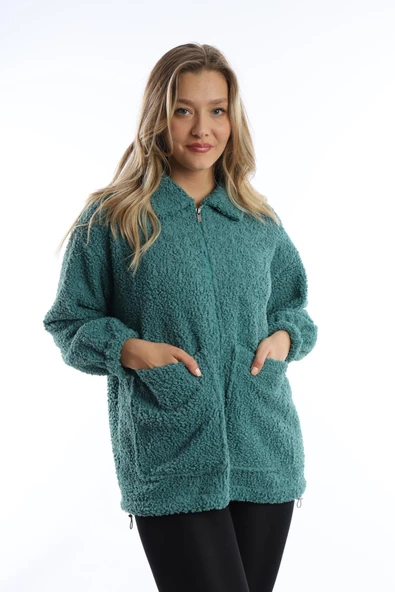 Kadın Fermuarlı Stoper Detaylı Kıvırcık Peluş Ceket Petrol - Resim 3