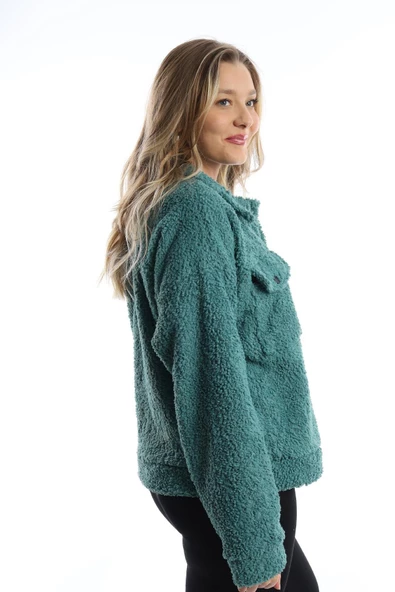 Kadın Çıt Çıt Kapamalı Kıvırcık Peluş Ceket  Petrol - Resim 5