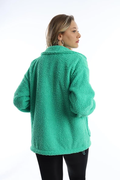 Kadın Fermuarlı Stoper Detaylı Kıvırcık Peluş Ceket Yeşil - Resim 10